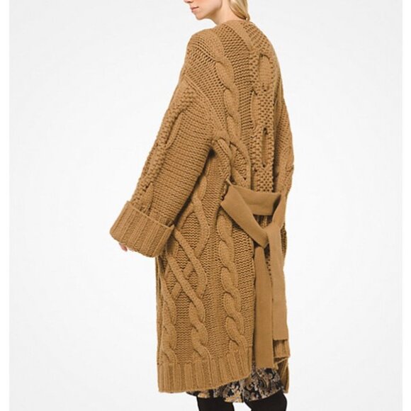 Michael Michael Kors Woman Belted Cable-Knit Cardigan in Camel SZ LG - Picture 2 of 6